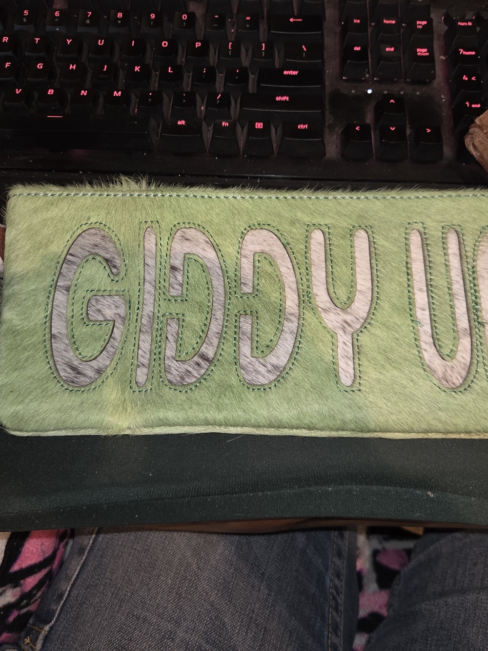 American Darling Genuine Leather With Green Fur Clutch with Gray Lettering